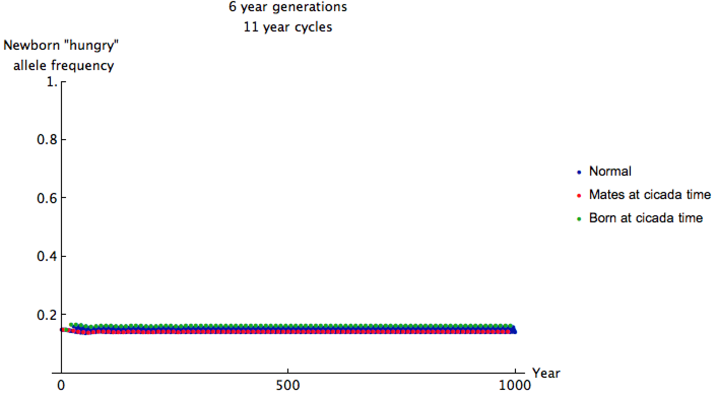 Plot of hungry allele frequency by year, staying almost exactly constant
