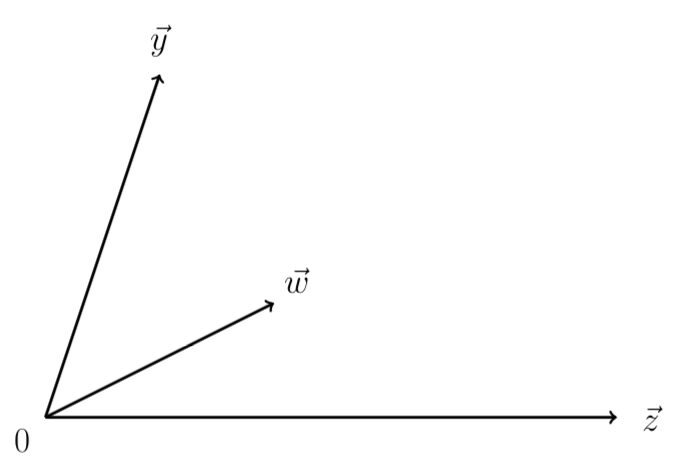 vectors from the origin (formerly x) pointing to x, y, and w
