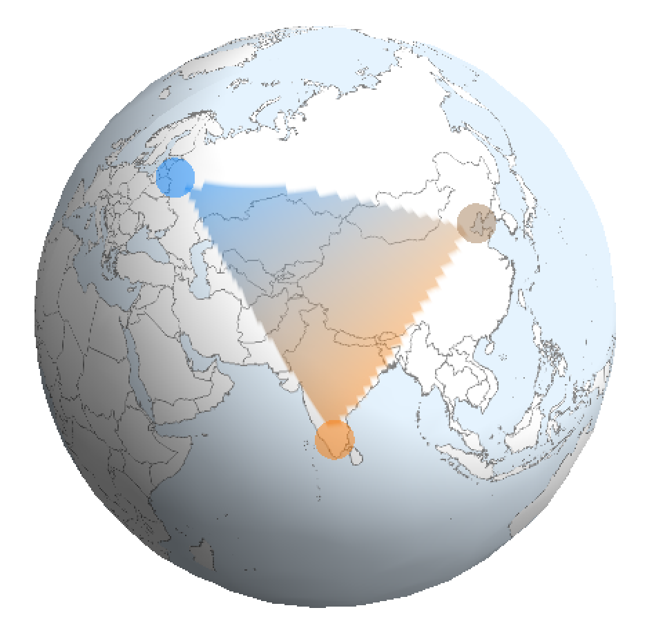 colored spherical triangle between Bangalore, Beijing, and Moscow