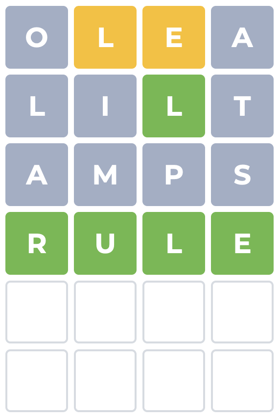 wordle game: olea lilt amps rule